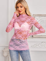 Mock Neck Long Sleeve Lace Sheer Top - Ladyez