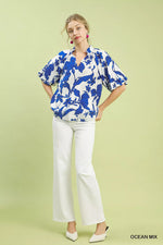 Umgee Floral Print Puff Sleeve Blouse with Scallop Hem