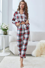 Plaid Button Front Top and Pants Lounge Set - Ladyez