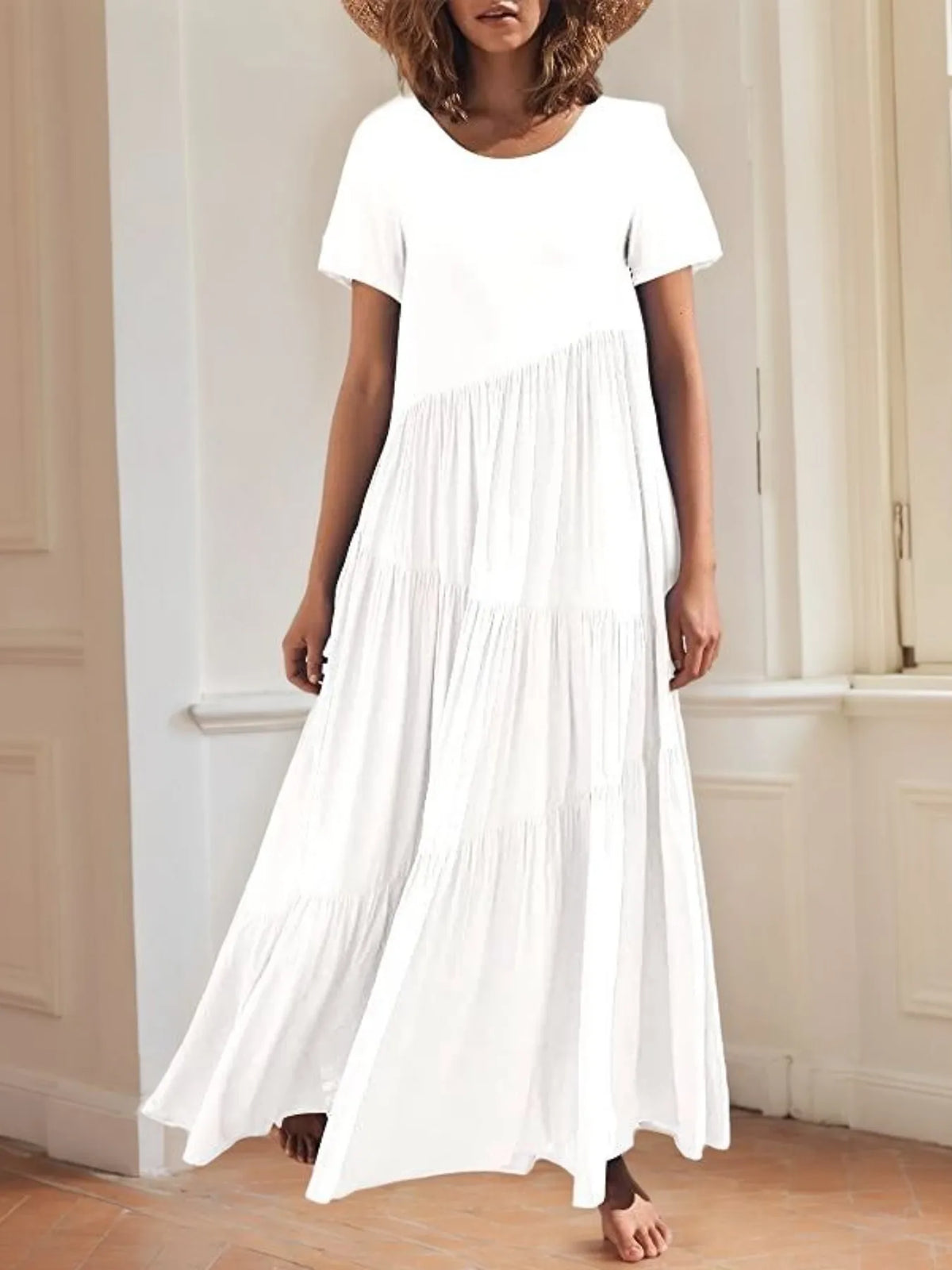 Round Neck Tiered Ruffle Maxi Dress - Ladyez