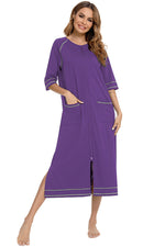 Zip Up Slit Round Neck Night Dress with Pockets - Ladyez