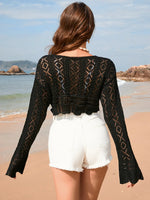 Drawstring Openwork Long Sleeve Cover-Up - Ladyez