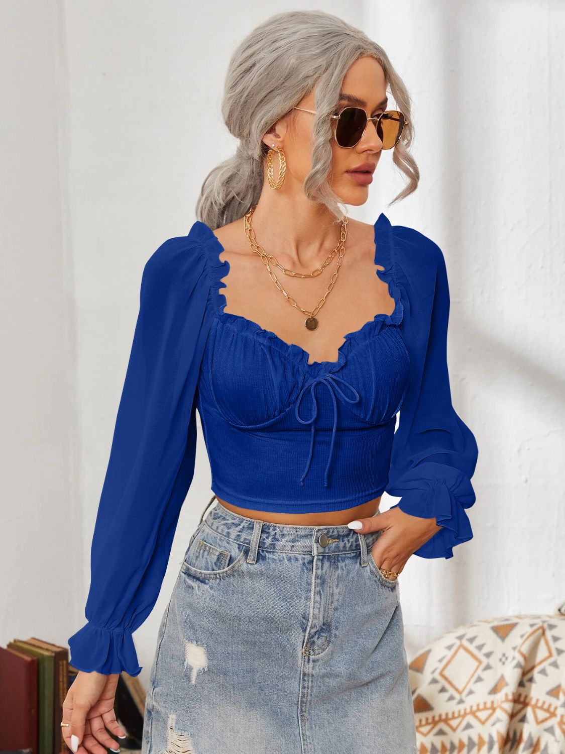 Mesh Sweetheart Neck Flounce Sleeve Top - Ladyez