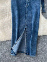 Frayed Denim Patchwork Top & Slit Maxi Skirt Denim Set