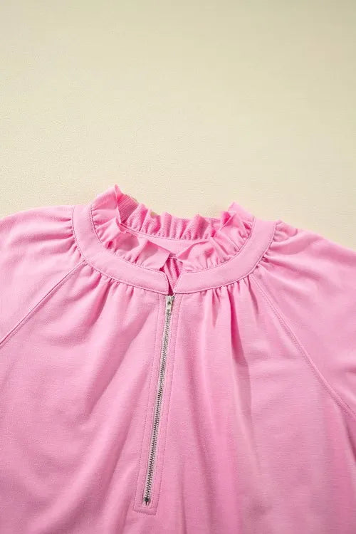 Half Zip Puff Sleeve Top and Ruffled Shorts Set