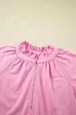 Half Zip Puff Sleeve Top and Ruffled Shorts Set