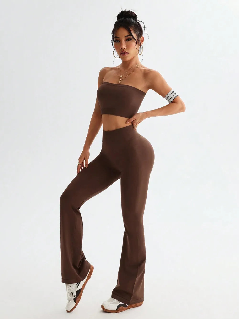Tube Top and High Waist Flare Pants Active Set - Ladyez