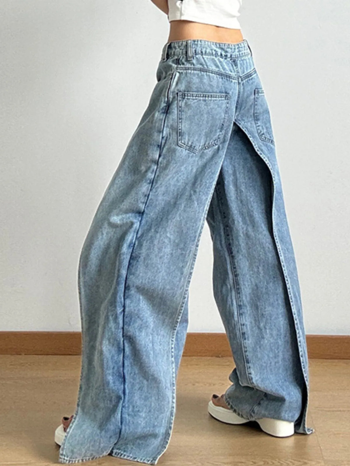 Wide Leg Wash Patchwork Jeans - Ladyez