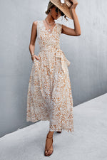 Printed V-Neck Tie Waist Maxi Dress - Ladyez