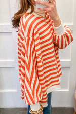 Striped Textured Stand Neck Oversized Long Sleeve Top