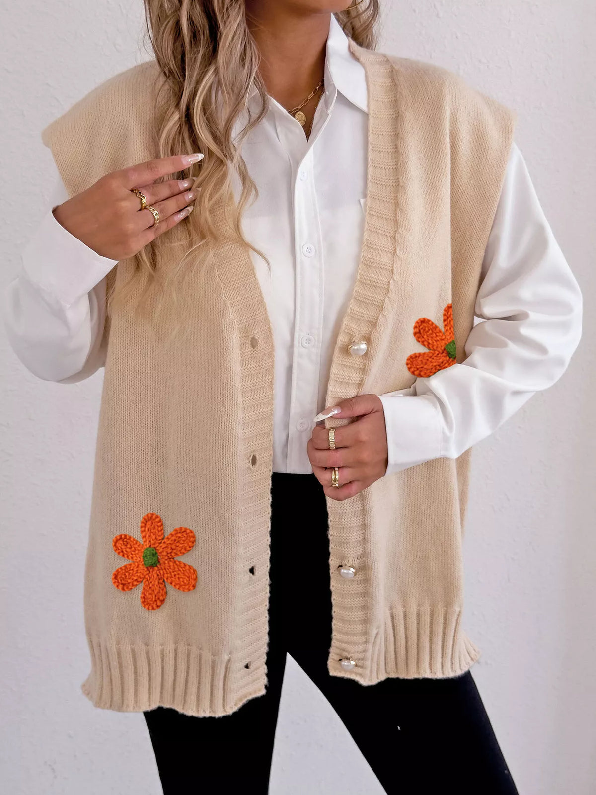 Flower V-Neck Sleeveless Cardigan