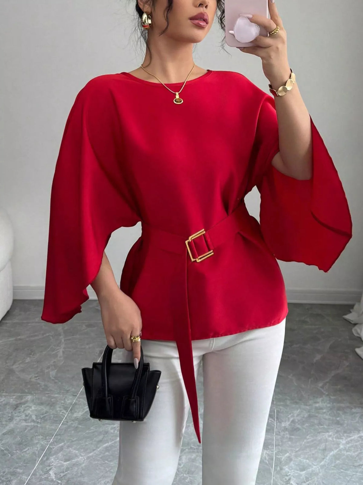Batwing Sleeve Belted Blouse