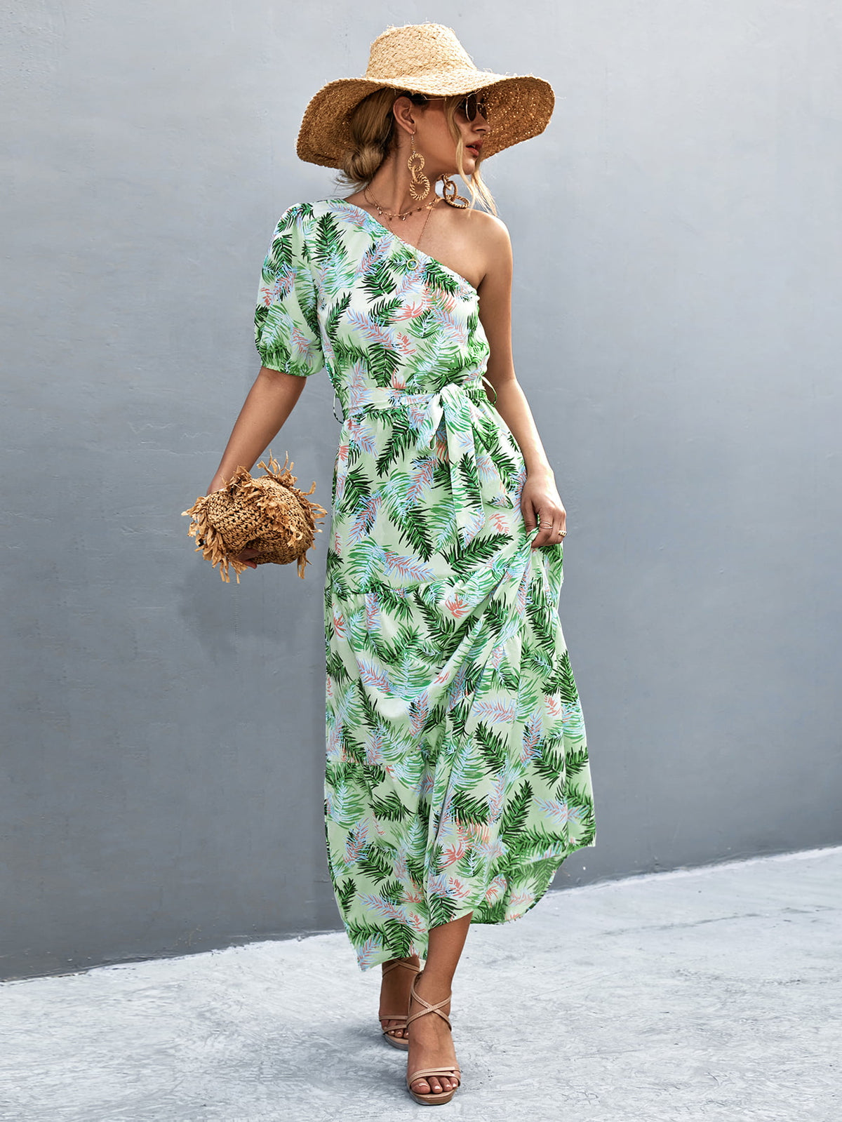 Printed Tie Waist One Shoulder Maxi Dress - Ladyez