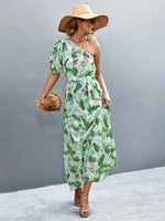 Printed Tie Waist One Shoulder Maxi Dress - Ladyez