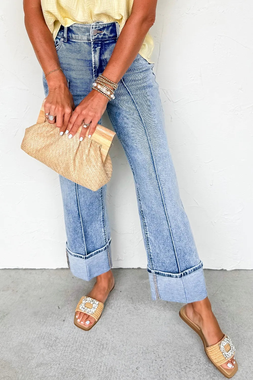 High-Waisted Wide-Leg Cuffed Jeans - Ladyez