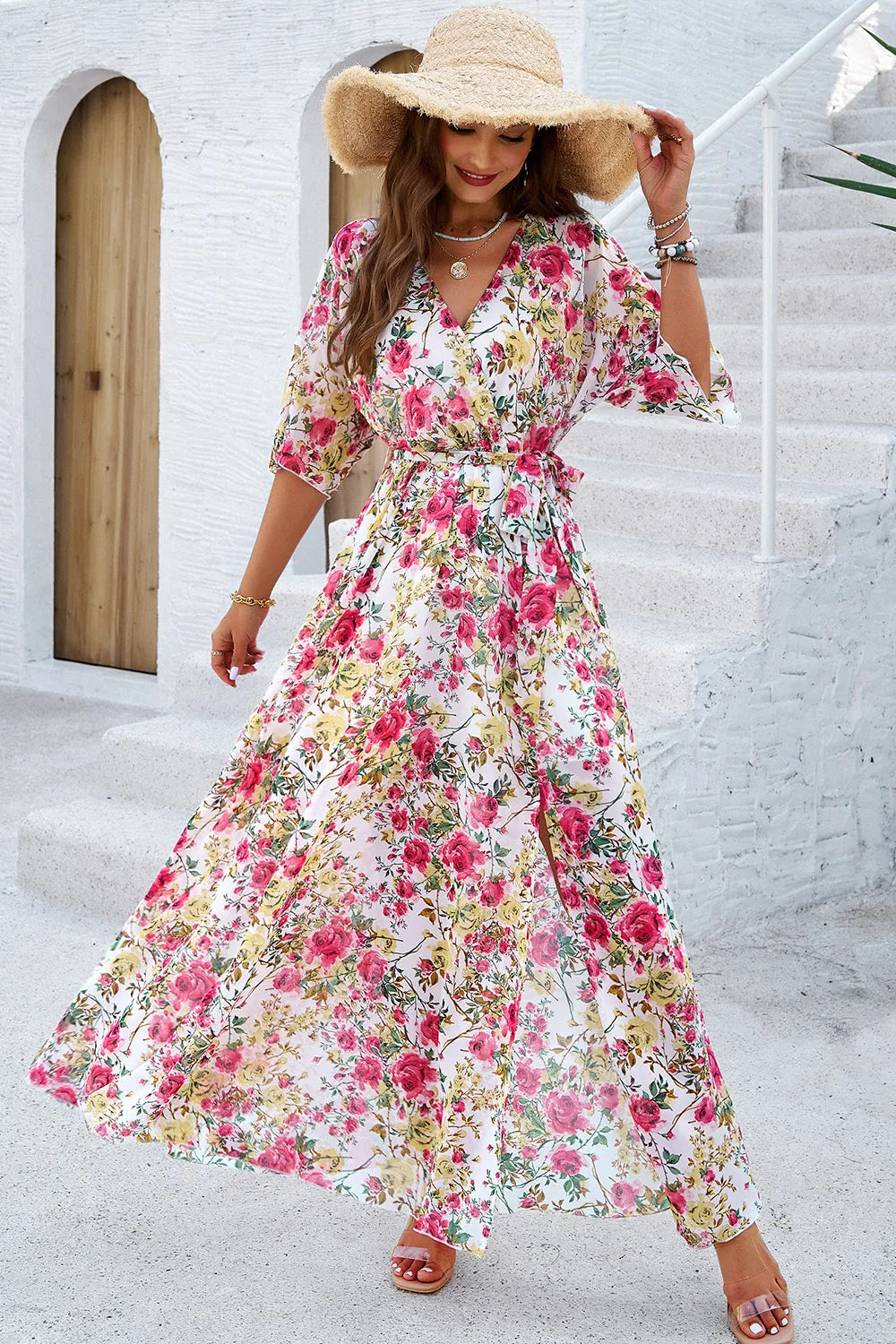 Devine Printed Tied Half Sleeve Slit Dress - Ladyez