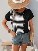 Perfee Striped Round Neck Short Sleeve T-Shirt