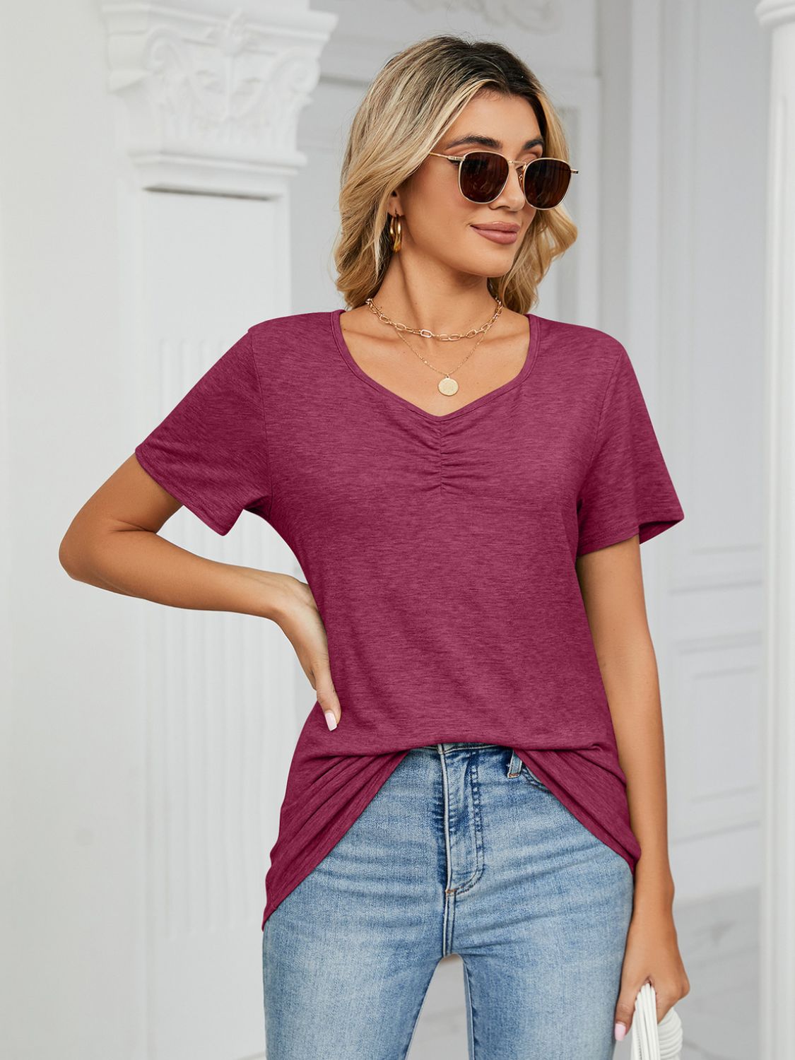 Ruched V-Neck Short Sleeve T-Shirt - Ladyez