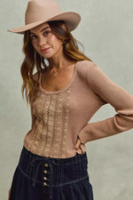 SO ME Vintage Washed Lace Crop Thermal Washed Knit Top