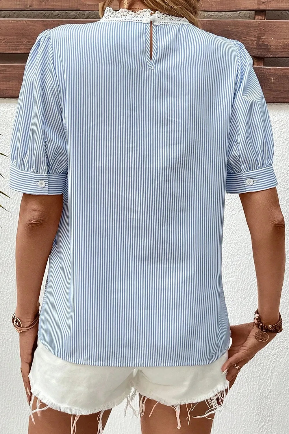 Lace Detail Striped Round Neck Half Sleeve Blouse - Ladyez
