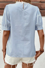 Lace Detail Striped Round Neck Half Sleeve Blouse - Ladyez