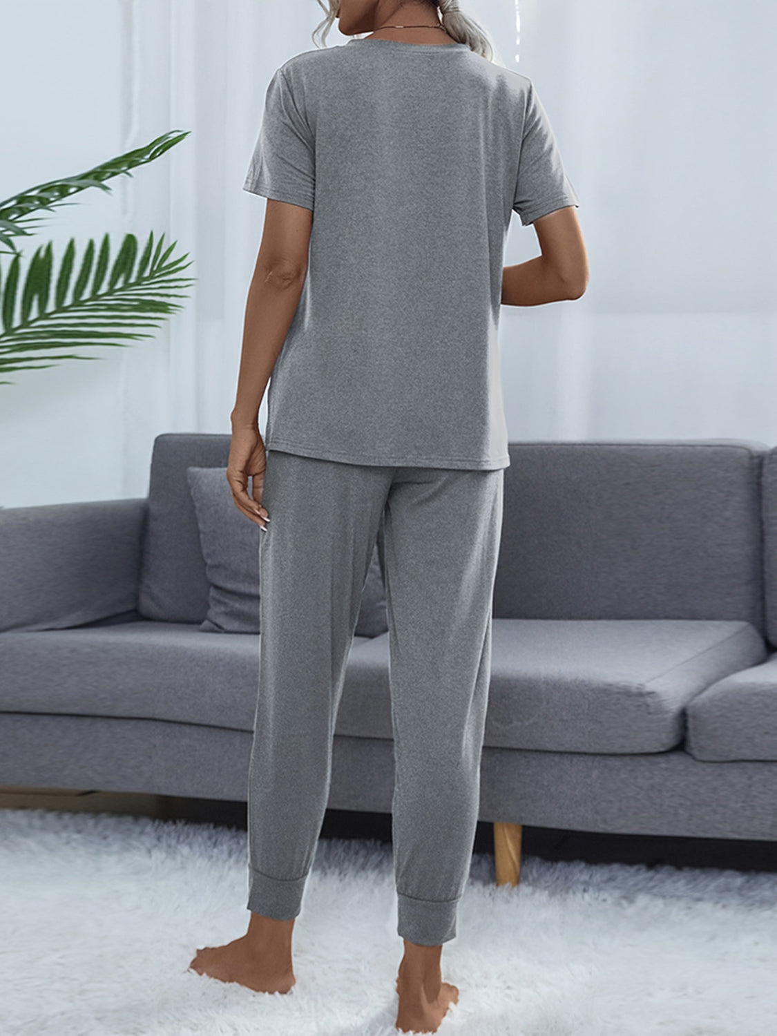 Shiny Round Neck Short Sleeve Top and Pants Set - Ladyez
