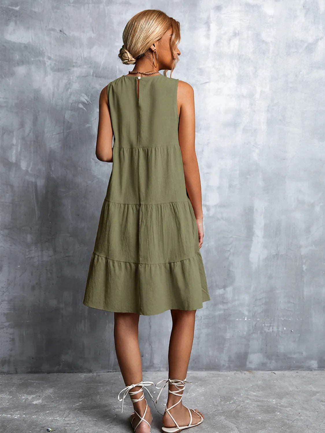 Tiered Round Neck Sleeveless Mini Tank Dress - Ladyez