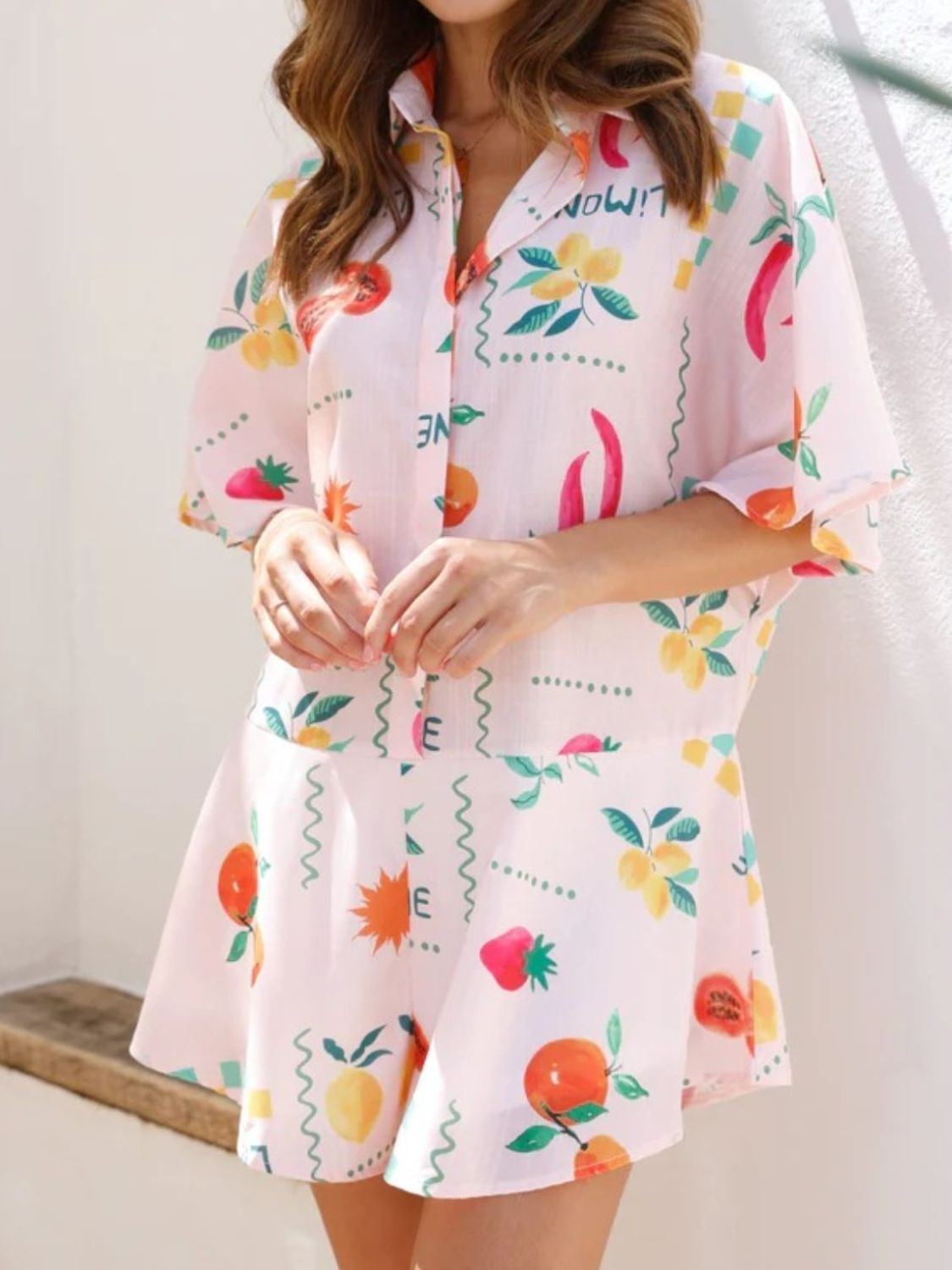 Printed Collared Neck Half Sleeve Romper - Ladyez