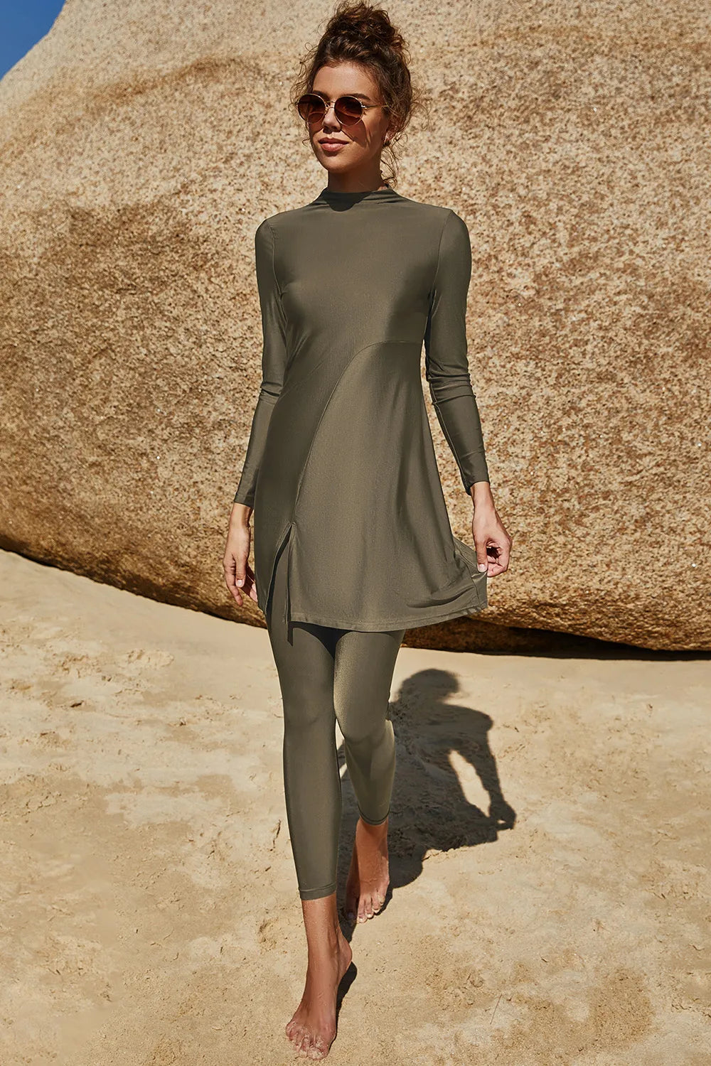 Slit Mock Neck Long Sleeve Top and Pants Swim Set - Ladyez