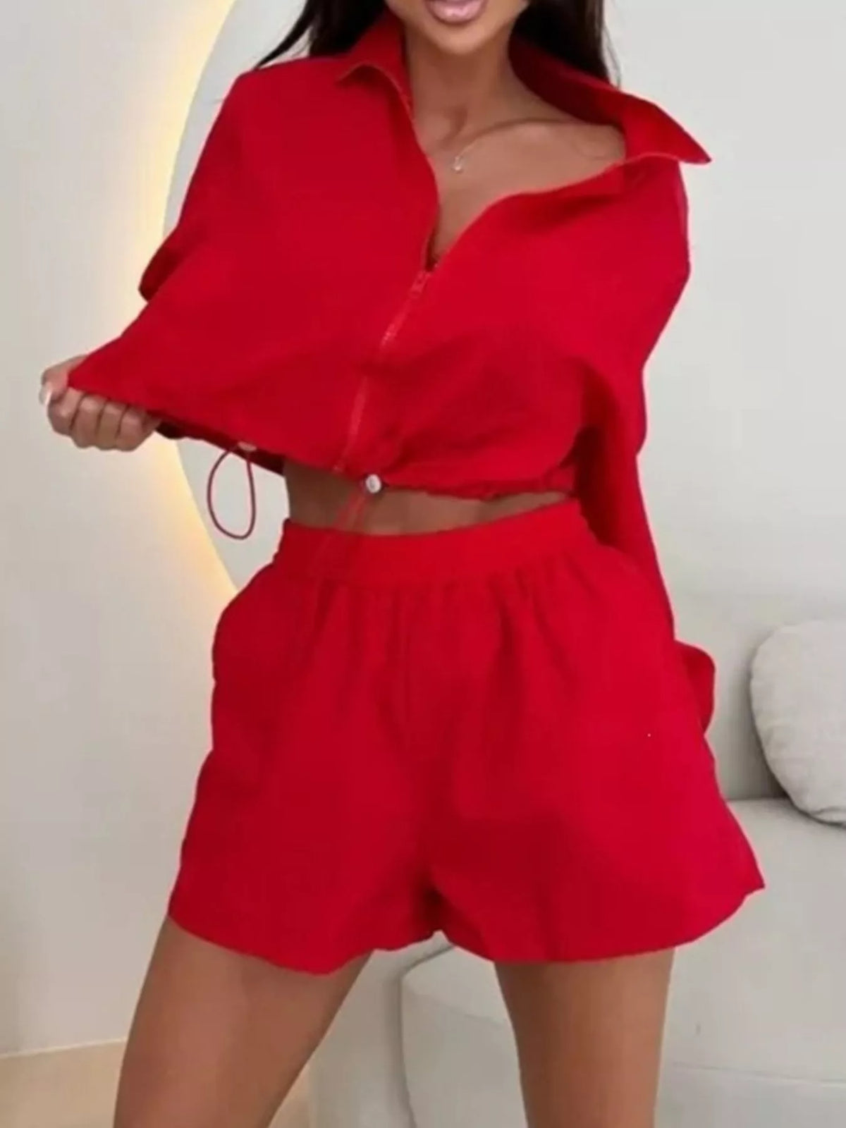 Zip-Up Crop Jacket and High-Waisted Shorts Set