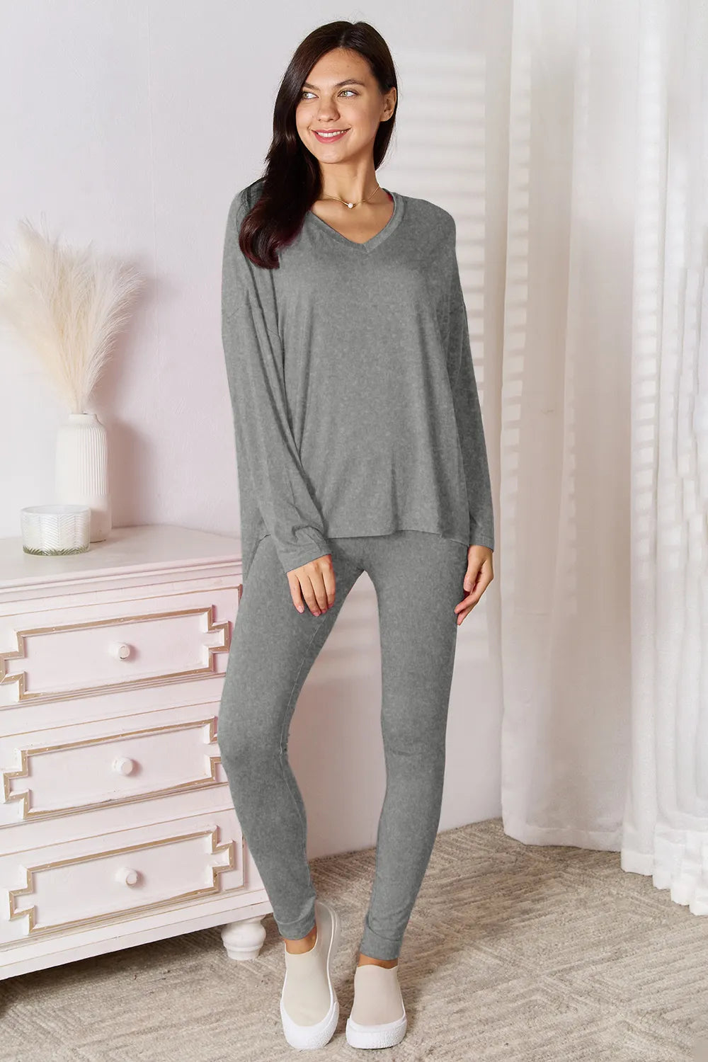 Basic Bae Bamboo Full Size V-Neck Long Sleeve Top and Pants Lounge Set - Ladyez