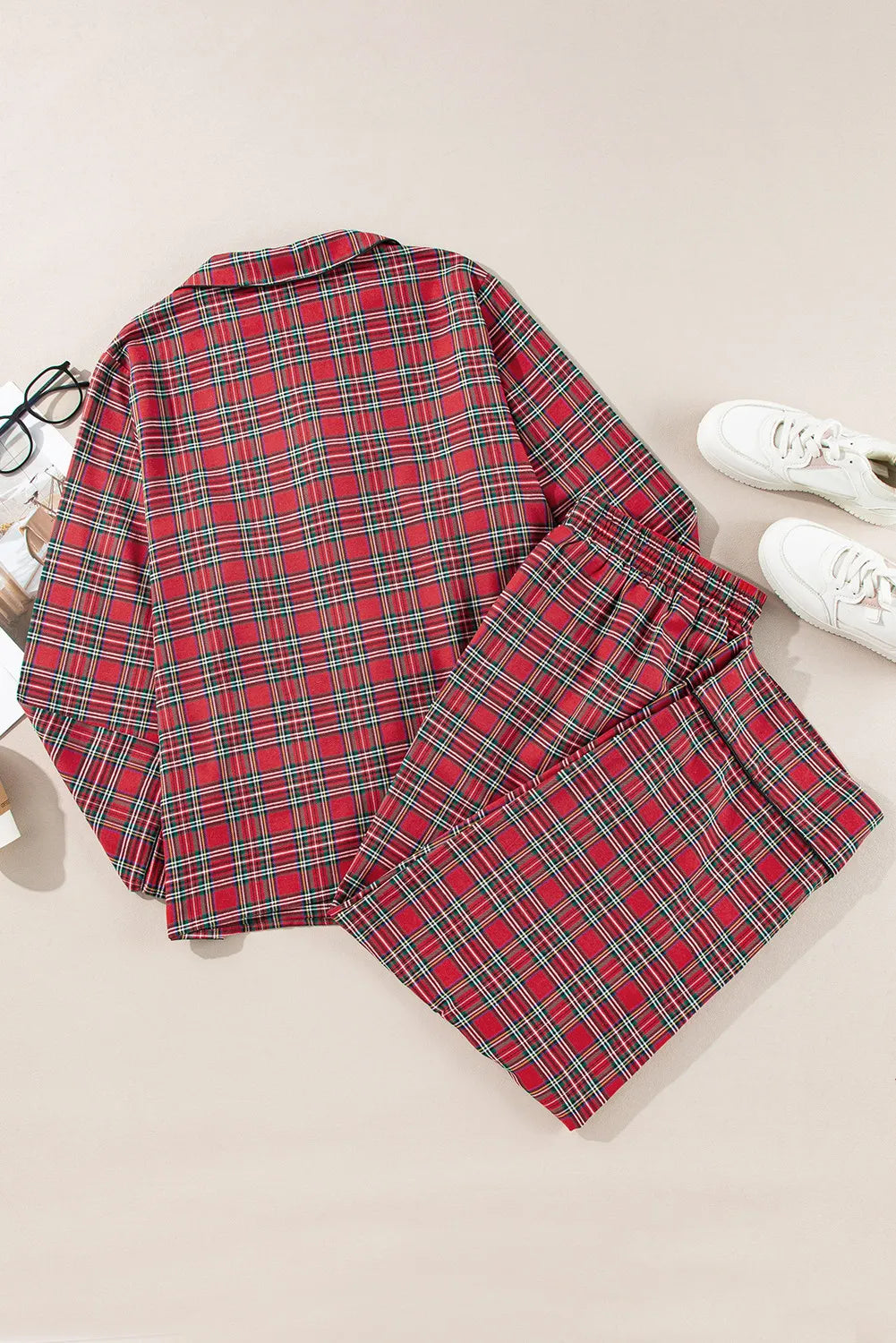 Plus Size Plaid Collared Neck Top and Pants Lounge Set - Ladyez