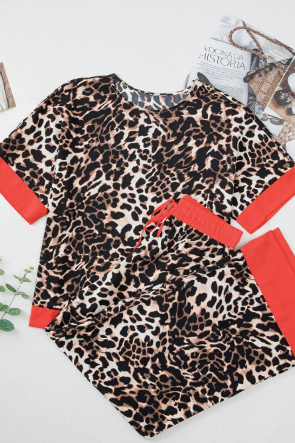 Contrast Trim Leopard Round Neck Top and Pants Lounge Set - Ladyez