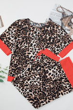 Contrast Trim Leopard Round Neck Top and Pants Lounge Set - Ladyez