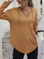 Drawstring Waffle Knit Long Sleeve Hooded Top