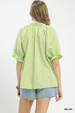 Umgee Stripe Ruffle Sleeve Split-Neck Blouse