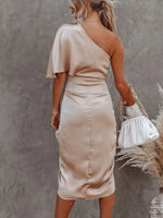 One-Shoulder Satin Wrap Dress with Side Slit - Ladyez
