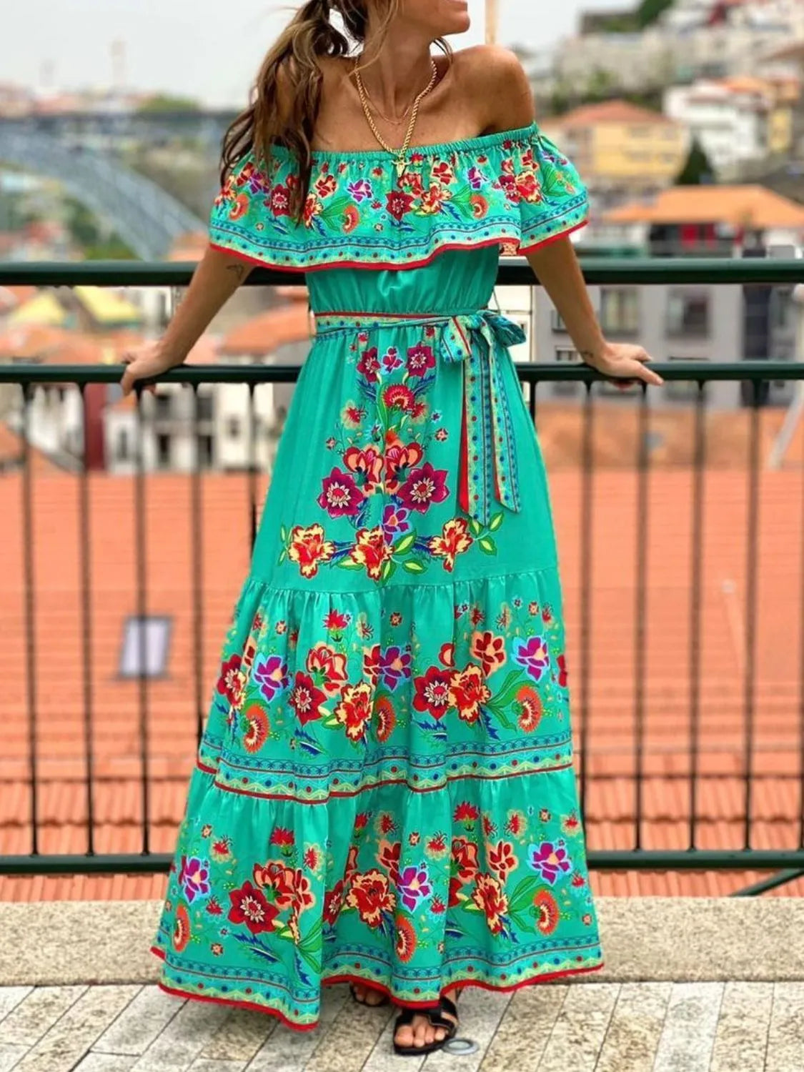 Floral Off Shoulder Ruffle Maxi Dress - Ladyez
