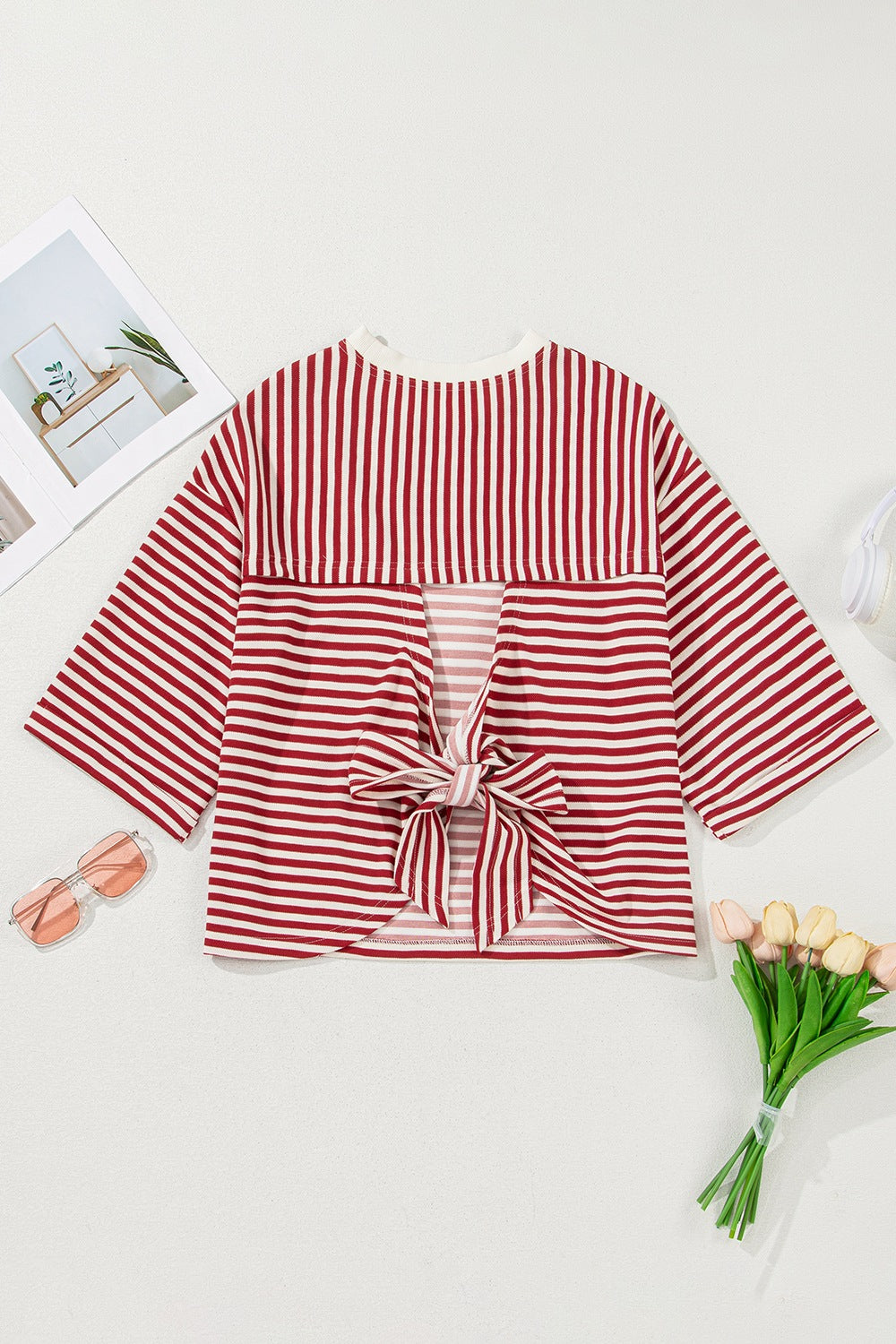 Stripe Bow Decor Cutout Drop Shoulder Top - Ladyez