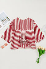 Stripe Bow Decor Cutout Drop Shoulder Top - Ladyez