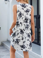 Printed V-Neck Sleeveless Mini Dress with Pockets - Ladyez