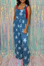 Star Print Buttoned Strap Wide Leg Denim Overalls - Ladyez