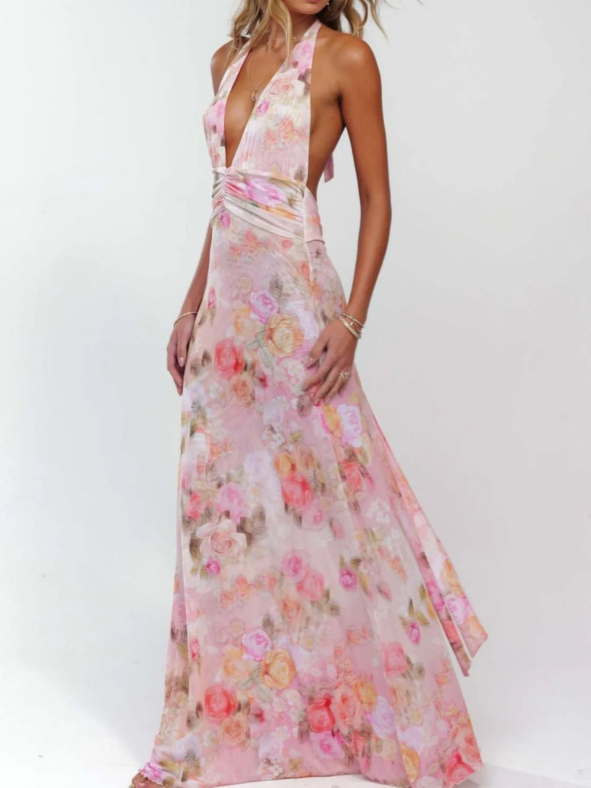 Floral Halter Neck Deep V Maxi Dress - Ladyez