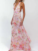 Floral Halter Neck Deep V Maxi Dress - Ladyez