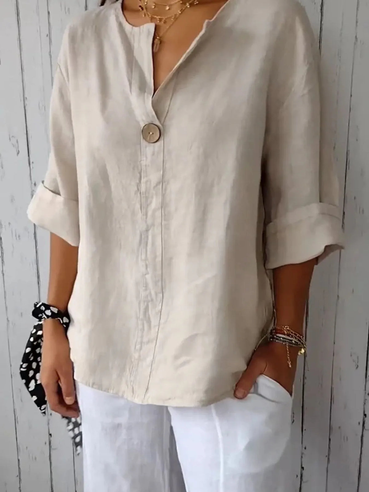 Full Size Linen Blend Notched Blouse Plus Size - Ladyez
