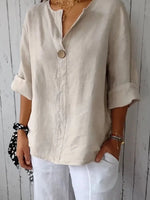 Full Size Linen Blend Notched Blouse Plus Size - Ladyez