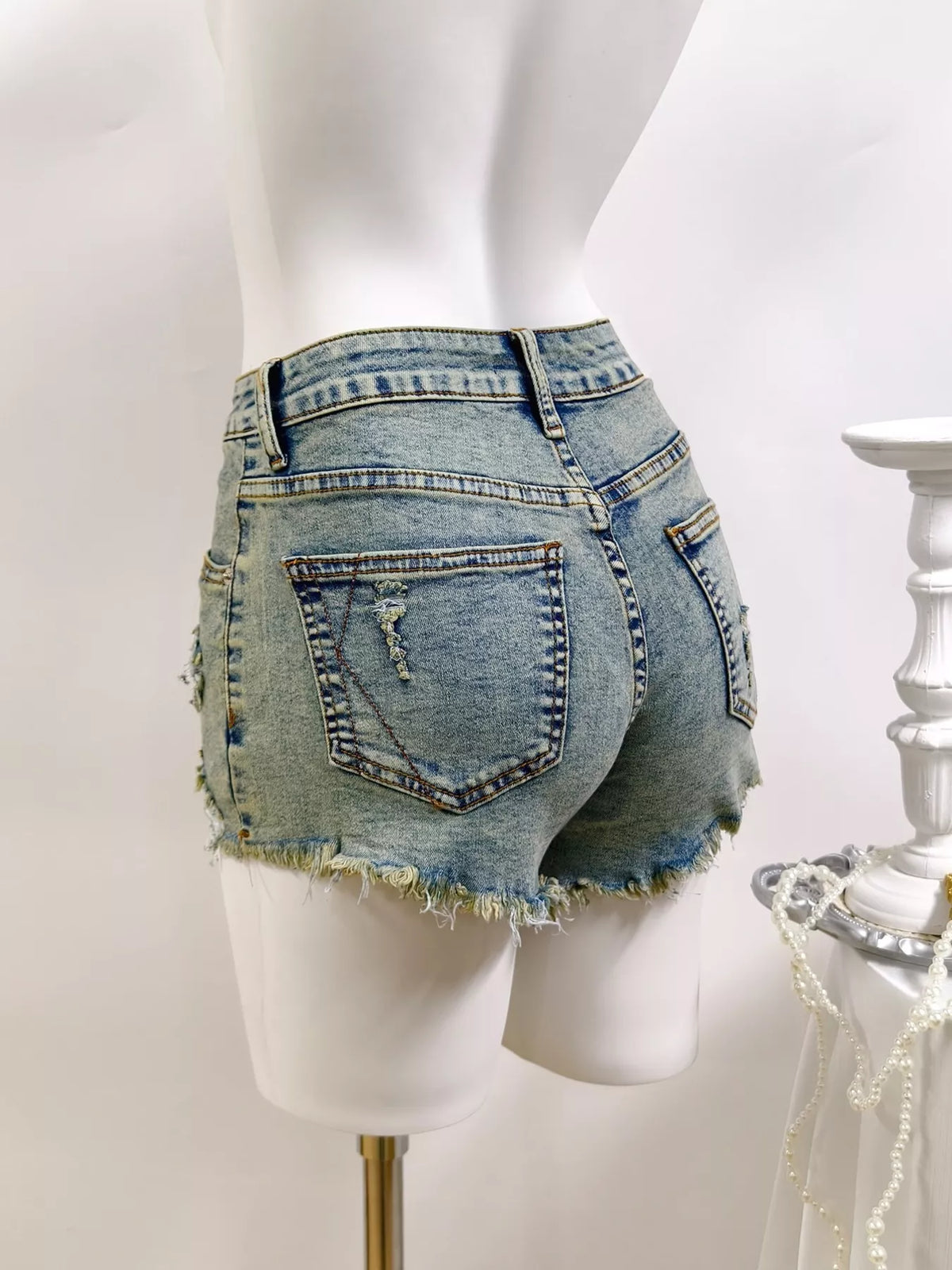 High-Waisted Distressed Raw Hem Denim Shorts