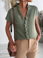 Ruffled V-Neck Short Sleeve Blouse - Ladyez