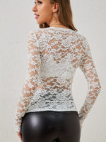 V-Neck Long Sleeve Lace Top - Ladyez
