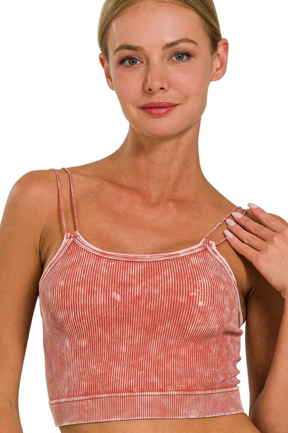 Zenana Washed Ribbed Seamless Double Strap Brami - Ladyez